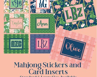 May include: A collection of personalized Mahjong stickers and card inserts. The designs feature floral and geometric patterns in shades of pink, green, and blue. Each sticker has a monogram or name. The text "Mahjong Stickers and Card Inserts" is also visible.