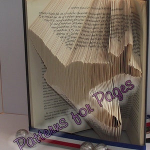 May include: A book with pages folded into a star shape. The book is open, revealing the text on the pages. A red, white, and blue ribbon is at the base of the book, with decorative spheres. The text "Patterns for Pages" is overlaid on the image.
