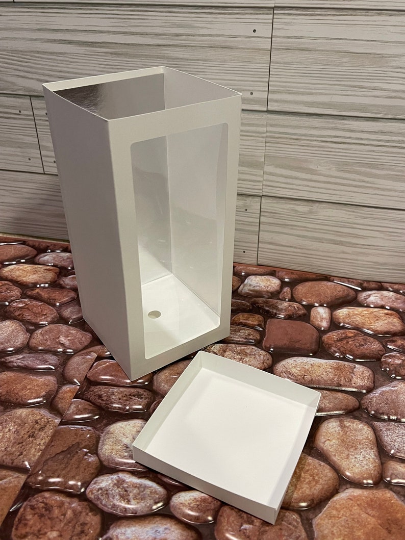 May include: A white cardboard box with a clear plastic window. The box is open and the lid is lying next to it. The box is on a background of brown stones.