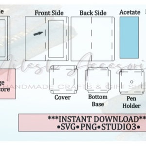 May include: Diagram showing how to assemble a pen holder box. The box is made of paper and has a cover, bottom, and pen holder. The diagram includes instructions for cutting and scoring the paper. The text on the diagram reads "NOTE: For Svg change cut lines to score" and "***INSTANT DOWNLOAD*** &bull;SVG.PNG STUDIO3."