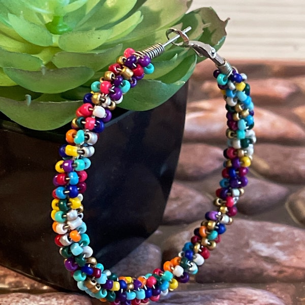beaded Wire Wrapped Hoop Earrings-Native Beadwork Style Hoops-Multicolor Glass Seed Bead Jewelry