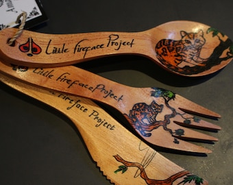 Javan Leopard Cat Hand Carved Wooden Fork, Spoon and Knife Cutlery