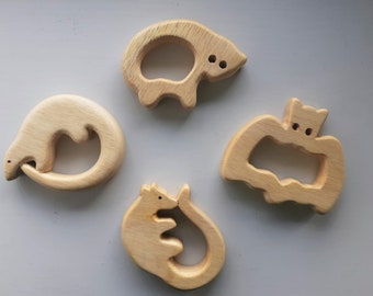 Cute Handmade Wooden Sensory Toy - Nocturnal animals bat, civet, pangolin, slow loris