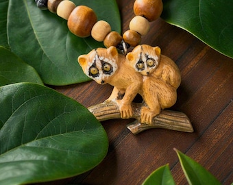 Slow Loris Mother & Baby Beaded Necklace | Handmade | Recycled Wood