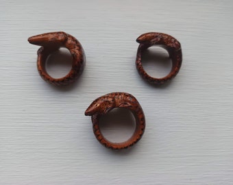 Adorable Asian Pangolin "looking around"   Hand-carved & painted Avocado Wood Ring