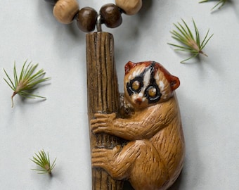 Slow Loris Beaded Necklace Wooden Recycled Adjustable