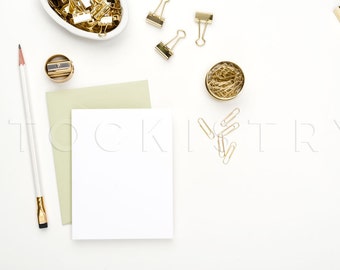 Download Free Styled Stock Photography, White Card with Sage Envelope, Gold Desk Accessories, Desktop, Business Branding, Digital Download, Product Mockup PSD Template