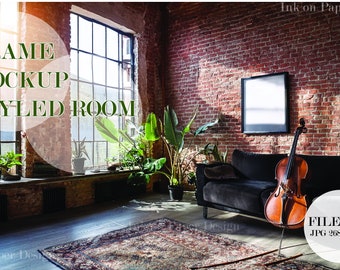 Industrial style Mockup for prints, living room with cello, black sofa interior mockup, digital frame mockup, vertical frame mockup, mockup