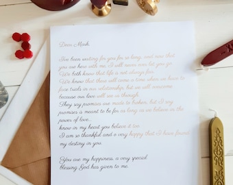 Calligraphy LOVE LETTER with seal wax , Romantic gift, gold foil print, your text and words, Anniversary letter, letter to my fiance