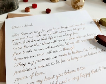 2 PAGES Calligraphy LOVE LETTER with wax seal, Romantic gift, gold foil print, your text and words, Anniversary letter, letter to my fiance