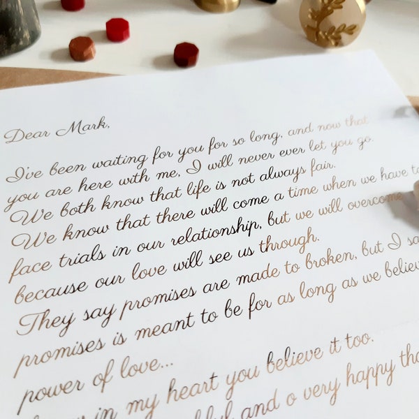 2 PAGES Calligraphy LOVE LETTER with wax seal, Romantic gift, gold foil print, your text and words, Anniversary letter, letter to my fiance