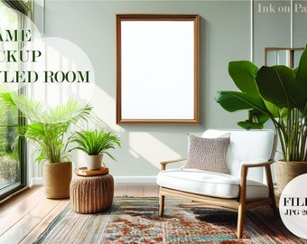 Natural light room Mockup Big plants mockup, frame mockup, interior poster mockup, digital frame mockup, vertical frame mockup, french style