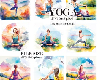 12 Yoga images, watercolor yoga, journaling images, commercial use, digital download, yoga clipart