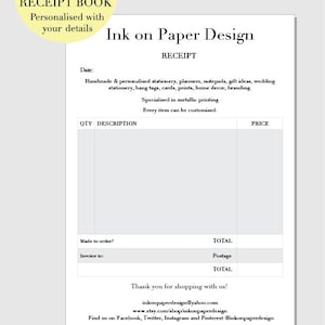 PERSONALISED RECEIPT BOOK, A5 Size, custom receipt book, Cash receipt, sellers supplies, Craft fairs must have, Tear away pages receipt book