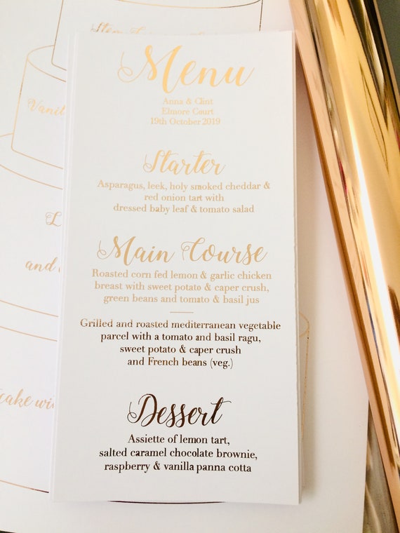 CUSTOM gold Wedding Menu Cards Personalised Menu/'s for Wedding Tables Print