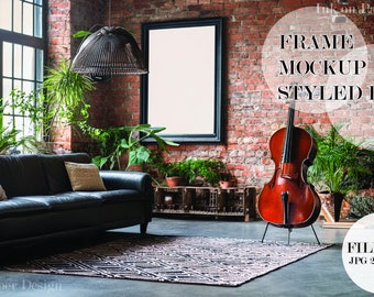 Industrial style Mockup for prints living room with cello, black sofa interior mockup, digital frame mockup, vertical frame mockup, mockup 2