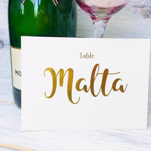 Hochzeit Tischnamen, A6, metallischer Druck, flache Karten, Goldfolientisch, elegantes Dekor, Empfang Tischnummer