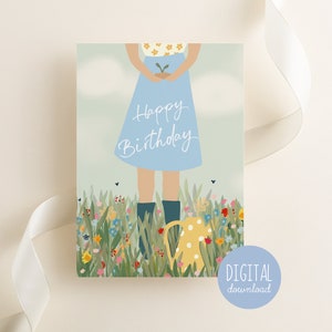 Carte d'anniversaire imprimable amateur de jardin pour fille de ferme Jolie carte d'anniversaire de fleurs sauvages de printemps, maman Kathrin Legg carte numérique jolie fleur d'été