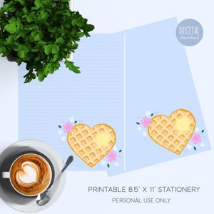Waffle Food Printable Stationery Letter Writing 8,5” x 11” Waffle Heart Cute Valentine Stationary Digital Download Ilustrado Kathrin Legg
