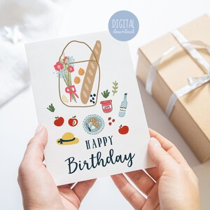 Happy Birthday Grußkarten zum Ausdrucken illustriert von Kathrin Legg Sofortige Geburtstagskarte Feinschmecker Geschenk Picknickkorb Picknick-Geschenk
