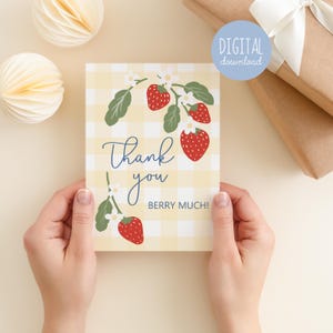 Strawberry Thank You Card: Gingham Printable 5x7&quot; (PDF Download)