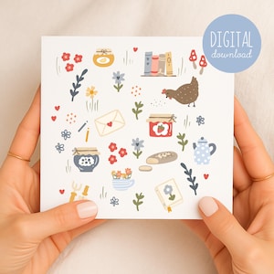 Biglietto vuoto stampabile, biglietto digitale quadrato accogliente istantaneo per compleanno o semplicemente come regalo per lei, biglietti di ringraziamento, biglietto di ringraziamento