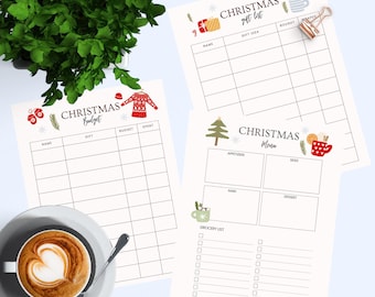 Puede incluir: Tres hojas de planificación navideña imprimibles. Una es un rastreador de presupuesto, otra una lista de regalos y la tercera un menú y una lista de compras. Cada hoja tiene gráficos festivos y espacio para escribir.