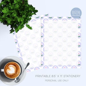 May include: Printable 8.5" x 11" stationery featuring a light purple background with a repeating pattern of white circles with pink centers and green leaves. The text "PRINTABLE 8.5" x 11" STATIONERY" and "PERSONAL USE ONLY" is at the bottom of the page.