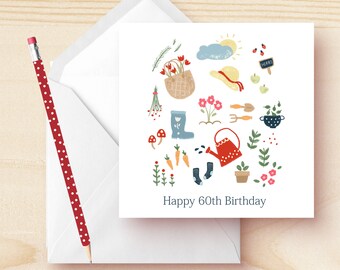 Happy 60th birthday Greeting Cards | Garden Lovers Card Illustrated by Kathrin Legg