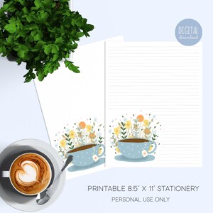 Papelería imprimible con forma de taza de té, para escribir cartas, con líneas y sin líneas, de 8,5 x 11 pulgadas, para descargar en formato digital, ilustrada por Kathrin Legg