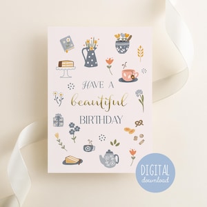 Afdrukbare gelukkige verjaardagskaart High Tea verjaardagskaart Mooi verjaardagscadeau voor haar Verjaardagskaart moeder door Kathrin Legg Tea Card