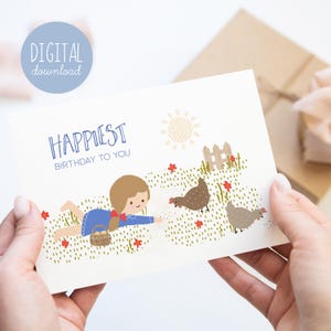 d'anniversaire poulet pour fille de la ferme | Carte d'anniversaire enfant imprimable pour amoureux de la campagne | Téléchargement numérique des animaux de la ferme nostalgiques