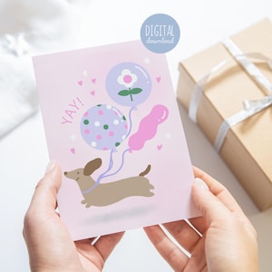 Cartão digital de feliz aniversário para dachshund, presente para amante de cachorro salsicha, presente para mãe de cachorro, presente de aniversário para amante de cachorro salsicha, cartão com balões de aniversário rosa