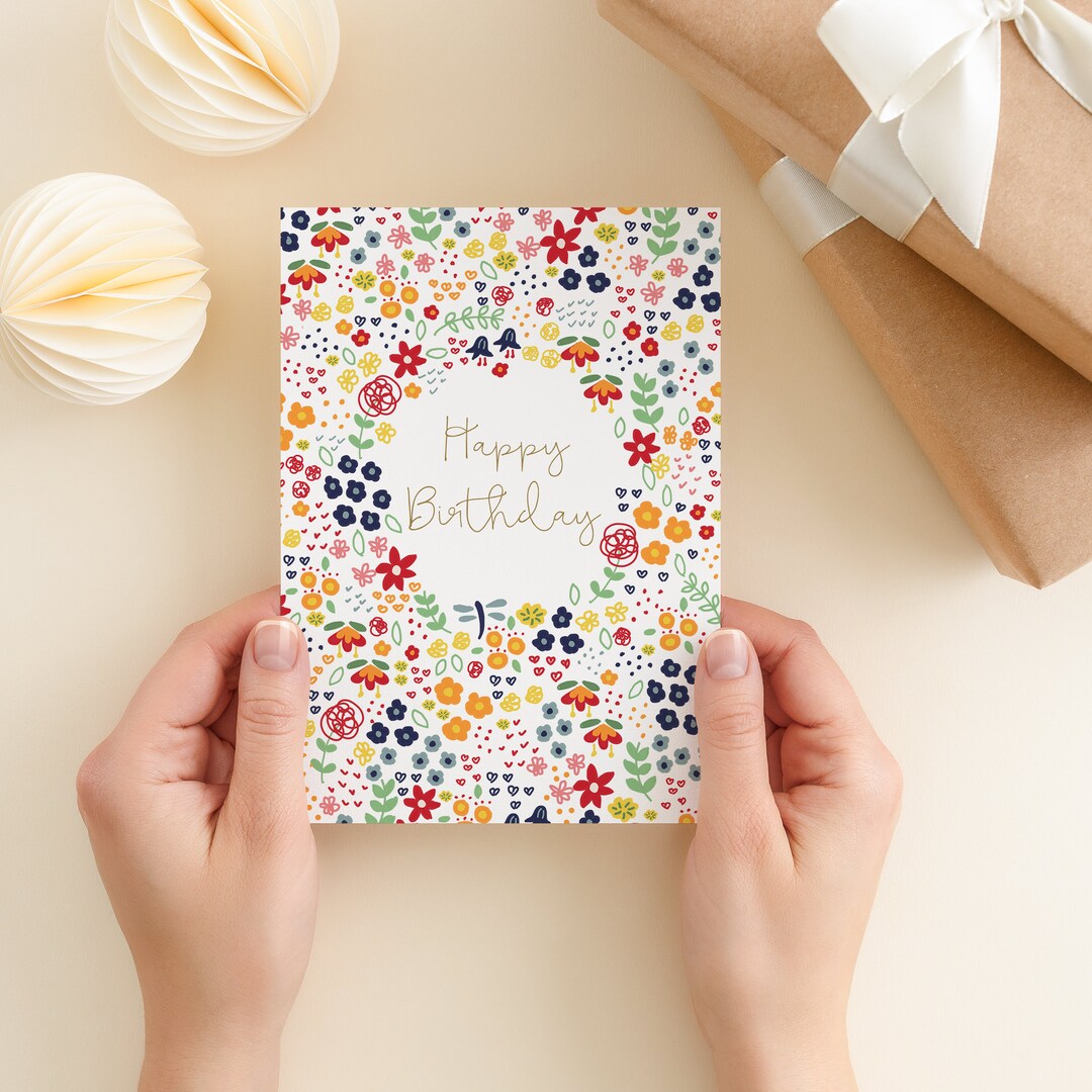 Floral Happy Birthday Card Set: Hand-drawn Flower Design, Bulk Pack - Etsy