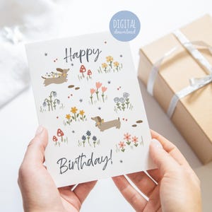 Dackel Happy Birthday Digitale Karte Geschenk für Dackel Hundeliebhaber Geschenk für Hundemama Geburtstagsgeschenk Dackel Hundeliebhaber Wildblumen Geburtstagskarte