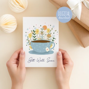 Carte de voeux Get Well Soon à téléchargement immédiat pour les amateurs de thé, dessinée à la main par Kathrin Legg