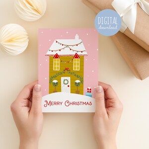 Carte de joyeux Noël imprimable Maison en pain d'épice rose, cadeaux pour maman, cartes de vœux pour enfants, cadeau de Noël de classe pour enfants