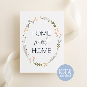 Home Sweet Home wenskaart Afdrukbare Inwijdingsfeestkaart met wilde bloemen geïllustreerd door Kathrin Legg