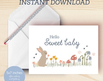 INSTANT DOWNLOAD - New Baby Greeting Card | Printable Hello Sweet Baby Card illustrated by Kathrin Legg