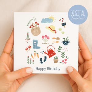 Cartão de Feliz Aniversário para Imprimir, Cartão de Aniversário para Amantes de Jardinagem, Lindo Presente Floral para Ela, Cartão de Jardinagem para Mãe, Cartão Quadrado de 5,25"