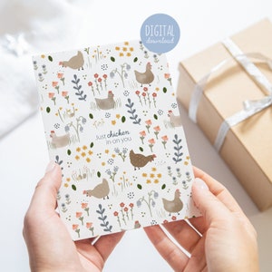 Tarjeta imprimible Thinking of You para amantes de los pollos Tarjetas de condolencia Que te mejores pronto Regalo Just Chicken in on You Pun Tarjeta de felicitación