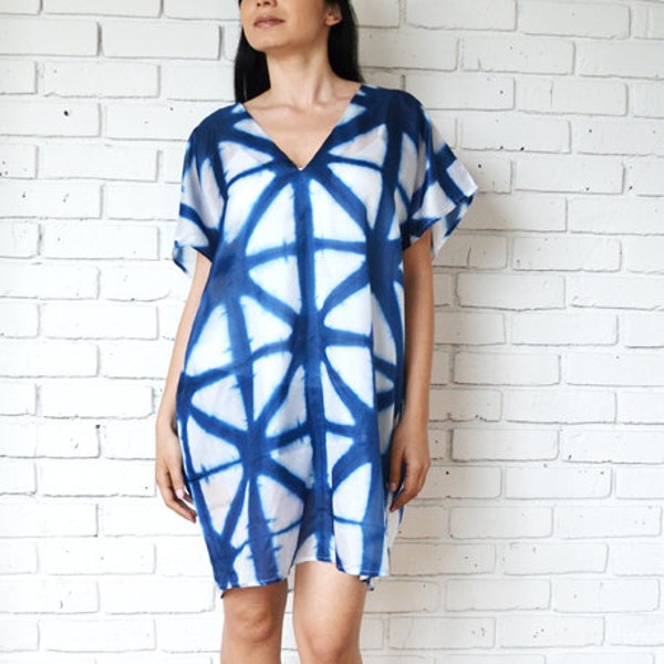 Silk Indigo Shibori Kaftan Shift Dress / Beach Dress / Loose Casual Dress