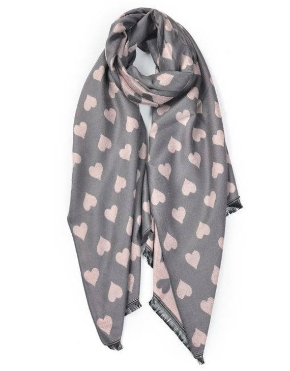scarves shawl Grey ombré scarf with pink hearts wrap