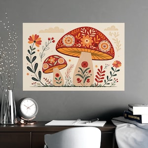 Poster di funghi in stile folk vintage, ispirato agli anni '70, decorazione da parete botanica, stile boho cottagecore, stampa floreale slava, decorazione da parete opaca orizzontale.