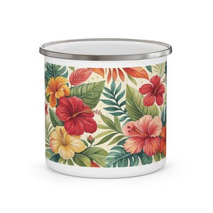 Tropical Hibiscus Enamel Camping Mug: Vintage Floral Coffee Cup