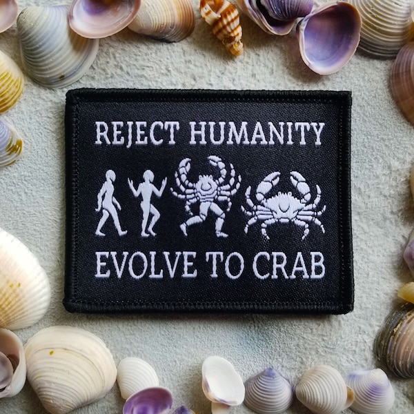 Reject Humanity, Evolve To Crab  - Woven Patch - Carcinisation Evolution Biology Science Nature Funny
