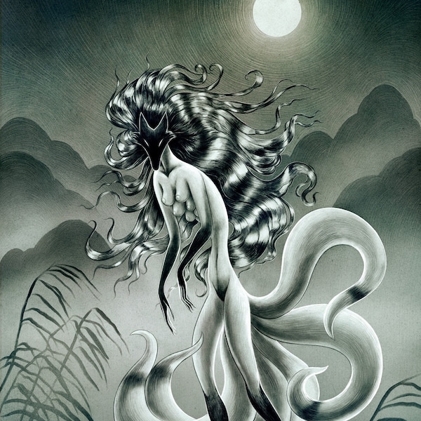 Dans l’estampe Mist Lustre - Kitsune Witch mythologie japonais folklore yokai créature art mural