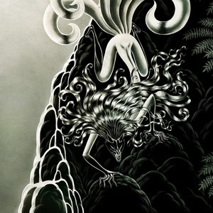 The Hunt Lustre print        -  Spiritual Kitsune Witch Fox Yokai Wall art