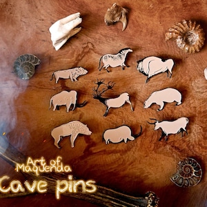 LIMITED EDITION Cave Pins - Lascaux Chauvet Prehistoric Paleolithic Lion Aurochs Hyena Megalocerus Rhino Bison Bear Horse Mammoth