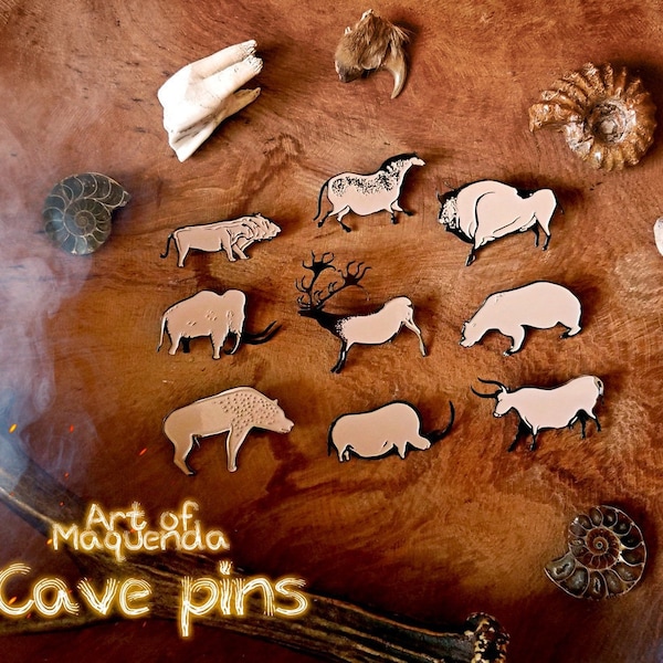 LIMITED EDITION Cave Pins - Lascaux Chauvet Prehistoric Paleolithic Lion Aurochs Hyena Megalocerus Rhino Bison Bear Horse Mammoth